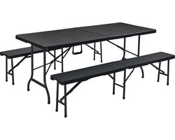 ERRO Inklapbare Tuinset met Tafel en 2 Banken - Ruimtebesparend & Opvouwbaar - Voor Tuin, Terras, Camping en BBQ - Luxe Zwart Houtdesign