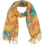 Een comfortabele en zachte sjaal met een mooie print van cognackleurige kettingen en groene bloemen op een okergele ondergrond. De print op de sjaal kan afwijken van de foto. Wasba