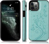 Hoesje geschikt voor iPhone 13 Pro Max - Backcover - Pasjeshouder - Portemonnee - Bloemenprint - Kunstleer - Turquoise