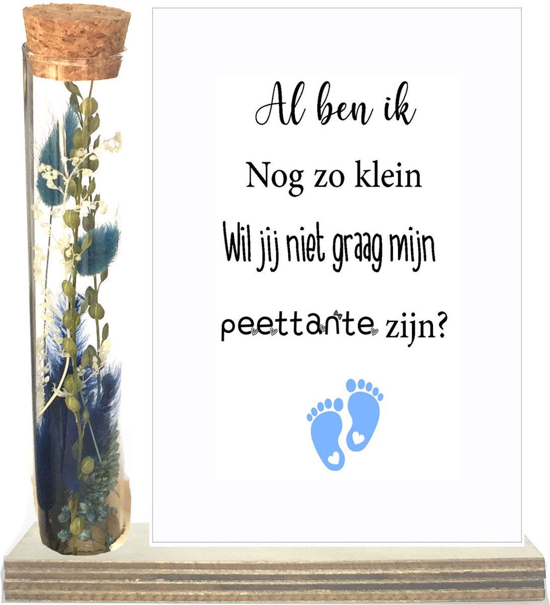 Droogbloemen in buisje | PEETTANTE | blauw | al ben ik nog zo klein | peettante vragen | peettante worden | meter vragen | meter worden