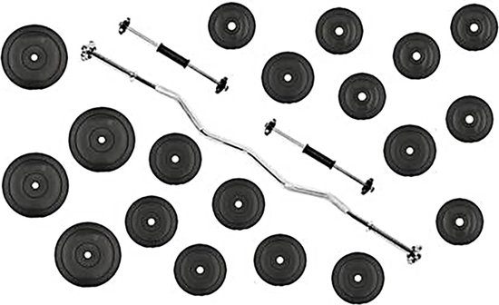 Een halterset met 2 dumbellstangen van 45 cm, een curl halterstang van 120 cm en 14 halterschijven.