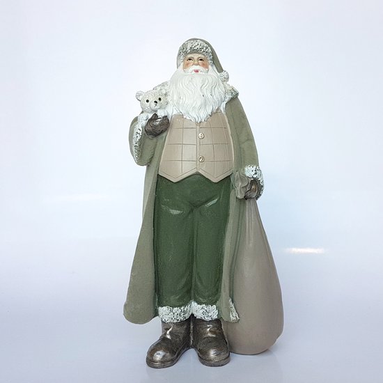 Santa kerstman met zak en beer - Groen / wit / zilver - 16 x 11 x 32 cm hoog