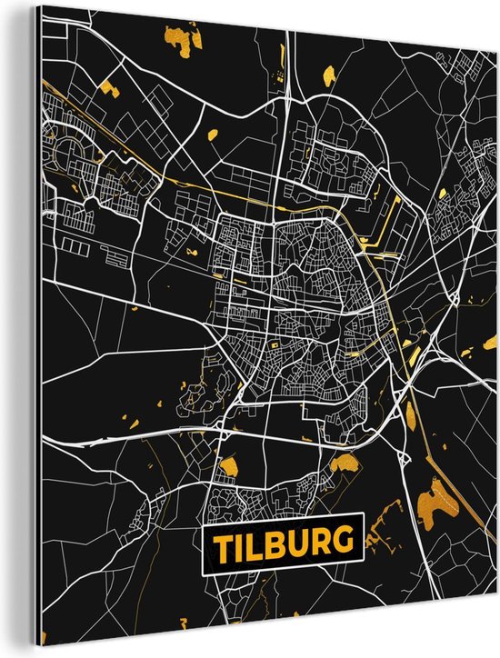 Décoration murale Métal - Peinture Aluminium Industrielle - Plan de ville - Tilburg - Or - Zwart - 50x50 cm - Dibond - Photo sur aluminium - Décoration murale industrielle - Pour le salon / chambre