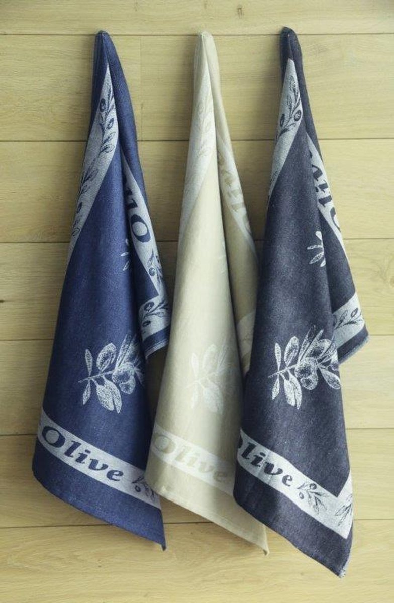 Keukenhanddoek - Theedoek Olive Kleur Blauw/grijs Set van 6 ( 50 x 70 )