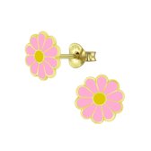 Joy|S - Zilveren Madelief bloem oorbellen - roze geel - 14k goudplating