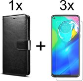 Motorola G9 Plus hoesje bookcase met pasjeshouder zwart wallet portemonnee book case cover - 3x Motorola G9 Plus screenprotector