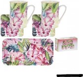 Giftset 2 mokken, 2 onderzetters, 1 dienblad Tropical Paradise