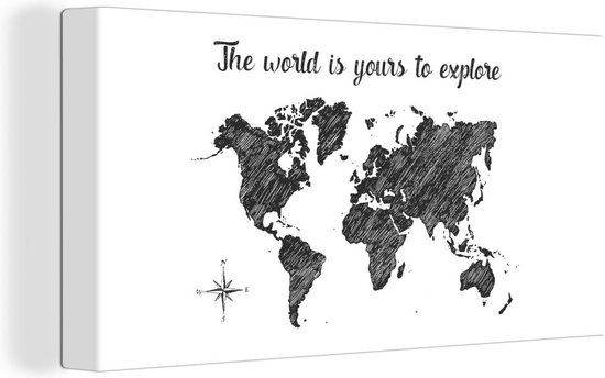 Décoration murale Carte du Wereldkaart - Zwart - Citation - Toile - 40x20 cm