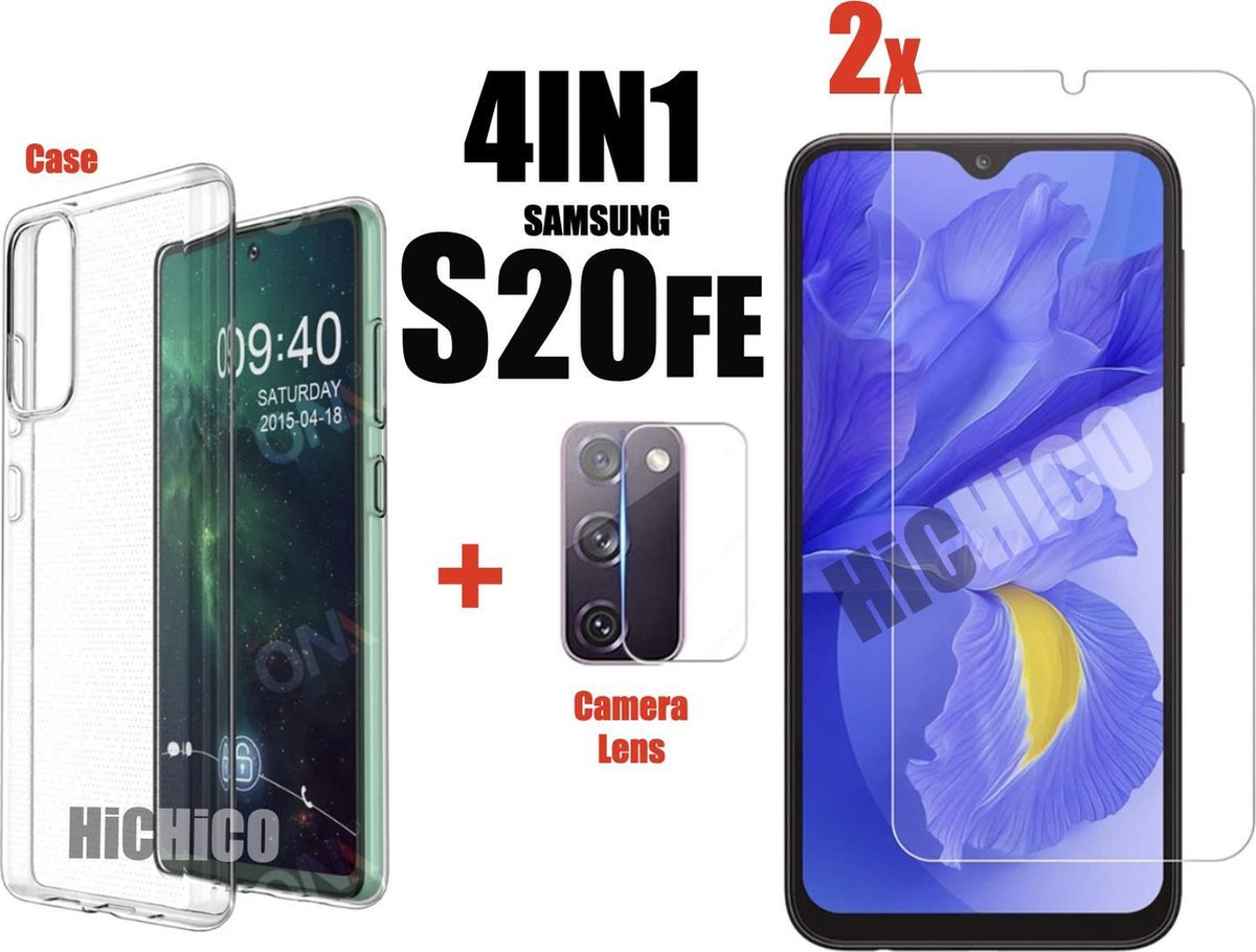 2pcs Samsung Galaxy S20 FE Screenprotector Glas + 1x camera lens screen protector + Hoesje Shock Proof Siliconen Hoes Case Cover Transparant , Tempered Glass, Glass, Beschermglas, Glazen bescherming 2.5D 9H 0.3mm van HiCHiCO