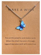 Doe een wens - Vlinder ketting - Inclusief luxe giftcard - Blauw, zilverkleurig - Cadeautip