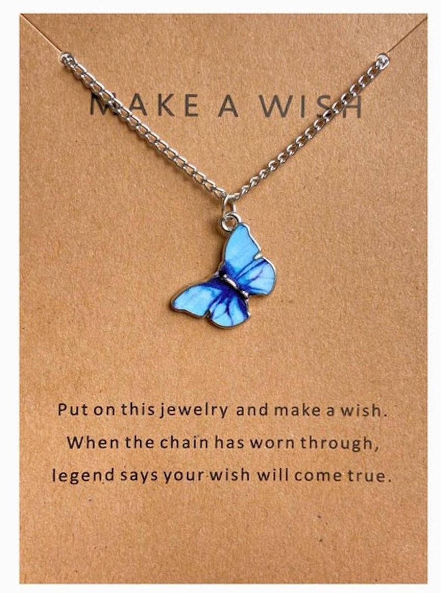 Doe een wens - Vlinder ketting - Inclusief luxe giftcard - Blauw,  zilverkleurig -... | bol.com