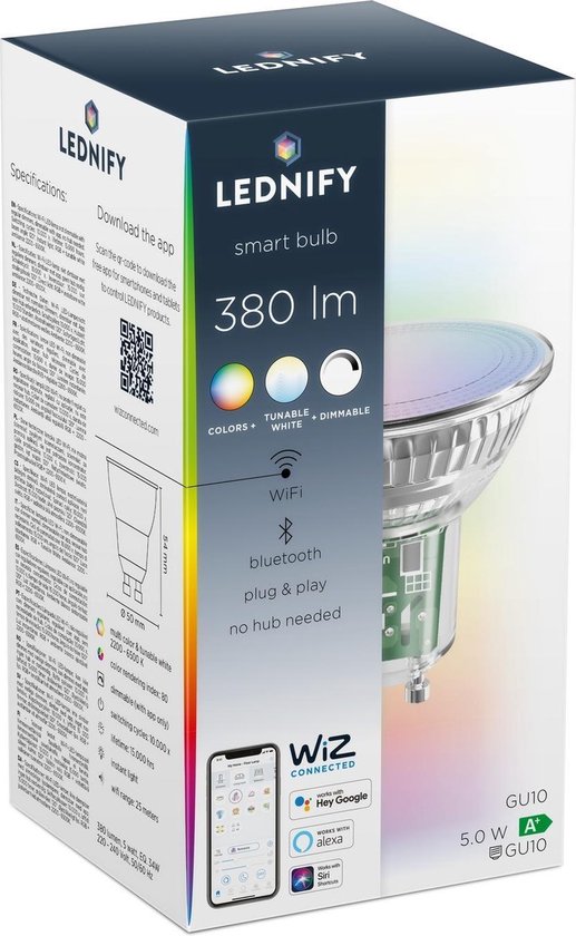LEDNIFY WiZ Connected Smart LED Reflectorlamp RGB - GU10 - 5W - 380LM -  2200-6500K | bol