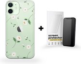 Apple iPhone 12 Mini Telefoonhoesje - Transparant Siliconenhoesje - Flexibel - Met Bloemenprint - Madeliefjes + Apple iPhone 12 Mini Screenprotector - Beschermglas - Helder - Sterk - Gehard G
