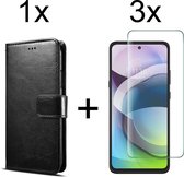 Motorola Moto G 5G hoesje bookcase met pasjeshouder zwart wallet portemonnee book case cover - 3x Motorola Moto G 5G screenprotector