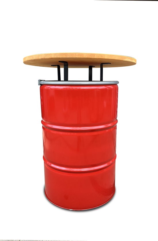 Table debout industrielle / poubelle 2 en 1 Barrelkings| Baril d'huile en métal 200 Litres rouge Poubelle / Prullenbak 200 Litres avec couvercle troué | Table de bar / Table suspendue avec plateau en bois laqué. 80 cm / 105 cm Contenu 200 litres.
