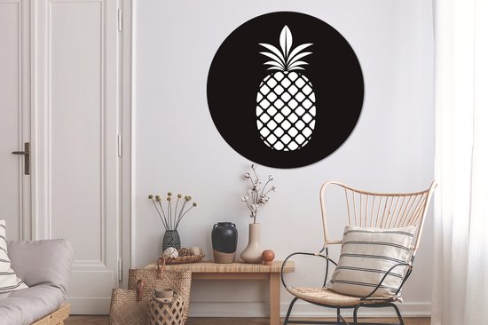 Illustration Zwart et blanc d'une assiette en plastique de cercle mural ananas - ⌀ 150 cm - peinture ronde - impression photo sur cercle mural en plastique (forex) / cercle vivant / (décoration murale)