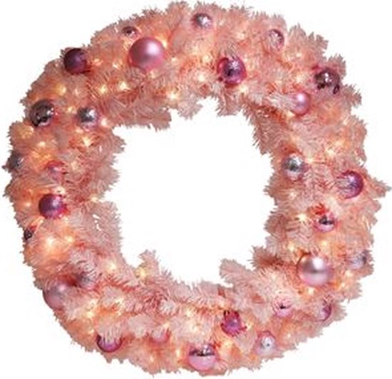 Glissière rose de couronne de Noël illuminée. 80cm avec décoration et 90 lumières LED