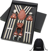 Luxe chique bretels - streep design - beige/donkerblauw - Sorprese - midden bruin leer - 4 stevige clips - bretels heren - unisex