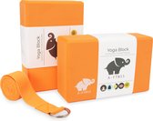 A-FTNSS Yoga Blokken Set Oranje + Gratis Yoga Riem | EVA Foam | 2 Yoga Blokken (22.7x12x7.5 cm)