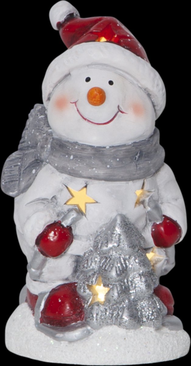 Verlichte Sneeuwpop met boom - 15cm