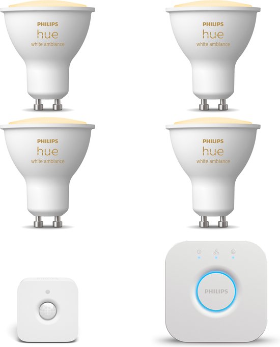 Philips Hue Starterspakket White Ambiance GU10 - 4 Hue LED lampen en Bridge - Bewegingssensor binnen - Eenvoudige Installatie - Werkt met Alexa en Google Home