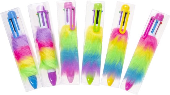LG-imports 6 stuks Fluffy Balpen met 6 Kleuren Inkt - roze groen blauw paars geel - uitdeelcadeautjes traktatie kinderfeestje