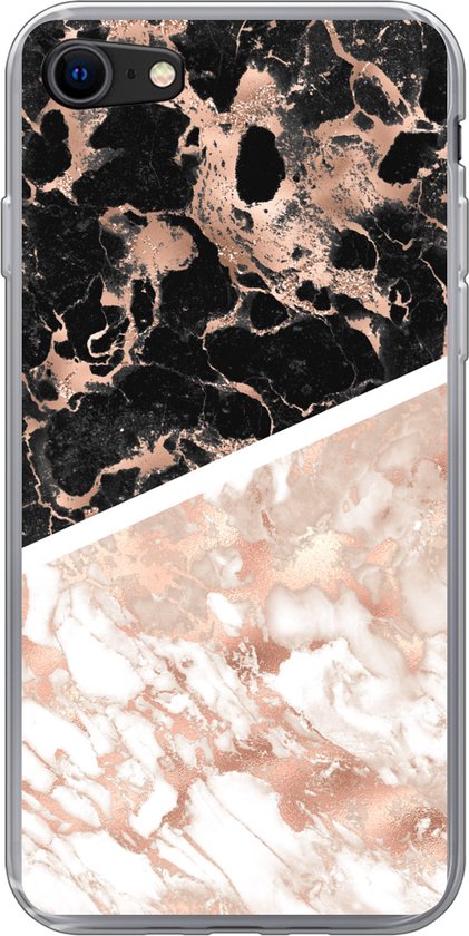 Geschikt voor iPhone SE 2020 hoesje - Marmer print - Roze - Wit - Zwart - Siliconen Telefoonhoesje