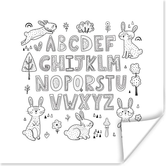 Poster Illustratie alfabet met springende konijnen in zwart-wit - 50x50 cm
