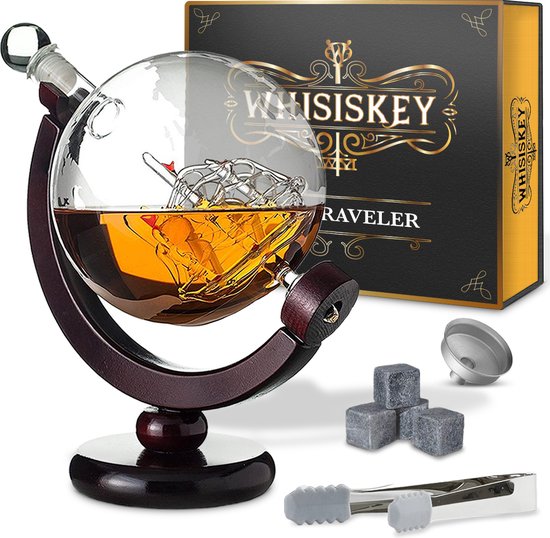 Whisiskey Whiskey Karaf - Wereldbol - Luxe Whisky Karaf Set - 0,9 L - Decanteer karaf - Whiskey Set - Incl. 4 Whiskey Stones - IJstang - Schenktuit - Cadeau voor Man & Vrouw