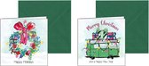 Kerstkaarten - Happy Holidays  - Merry Christmas - kerstkaarten met enveloppen - feestdagenkaarten - kerstkrans - kerstbus - groene envelop - 12 stuks - engels
