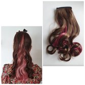 Paardenstaart hairextensions Funny color mix bruin donker roze 50 CM Klem haarstuk Clip in