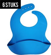 Set silicone slabbetjes blauw - 6 stuks waterdichte baby slabbetjes - zachte slab met opvangbakje - Unisex slabbers