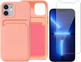 Roze Pasjeshouder Hoesje geschikt voor iPhone 12 / 12 Pro - Screenprotector Glas + Kaart TPU Hoesje Backcover