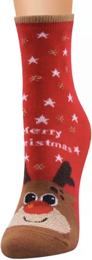 Kerstthema sokken - Winterthema sokken - Kerstsokken met glitter - Rood - Rendier - Unisex maat 36 - 41