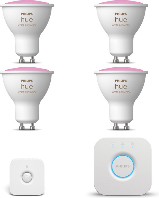 Philips Hue Starterspakket GU10 White and Color Ambiance - 4 Hue GU10 lampen, Bewegingssensor voor Binnen en Bridge - Eenvoudige Installatie - Werkt met Alexa en Google Home