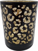 Colmore - Luipaard waxinelichthouder - Theelichthouder glas cheetah - Zwart goud - 10x10x13cm