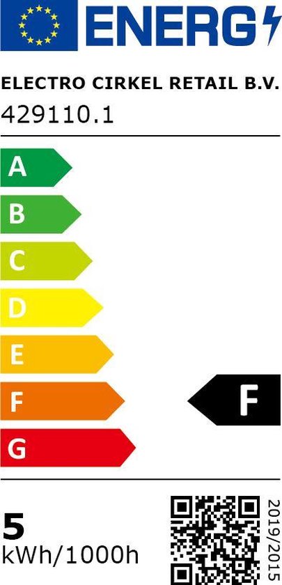 Energielabel F voor Electro Cirkel Retail B.V., met schaal van A tot G.