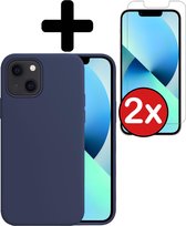 iPhone 13 Hoesje Siliconen Case Hoes Met 2x Screenprotector - iPhone 13 Hoesje Cover Hoes Siliconen Met 2x Screenprotector - Donkerblauw