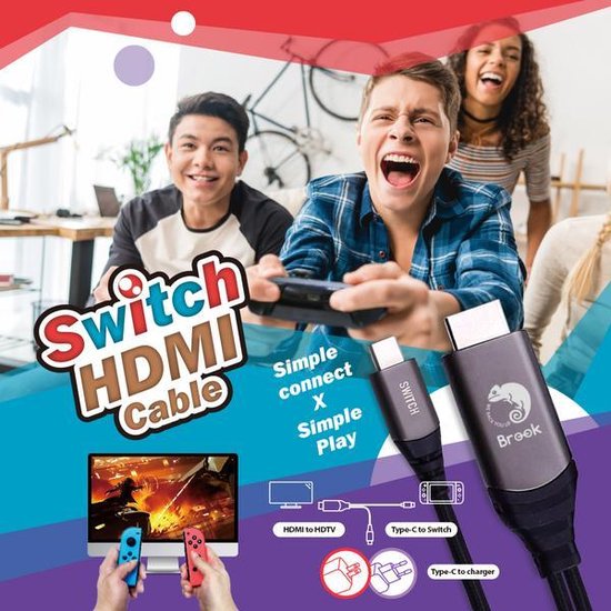 Twee jongens spelen "Overcooked" op de Nintendo Switch, met een HDMI-kabel en adapter van Brook.