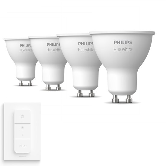 Philips Hue White GU10 Uitbreidingspakket - 4 Hue Lampen en Dimmer Switch - Warm Wit Licht - Dimbaar