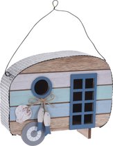 Houten vogel voeder huisje voor pindas/vetbollen caravan blauw 8 cm - Winter vogelvoer huisjes voor vetbollen of pindas