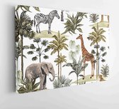Canvas schilderij - Beautiful tropical vintage hawaiian palm trees, zebra, giraffe, elephant, leopard. Hand drawn floral seamless pattern on the white background. Exotic jungle wal