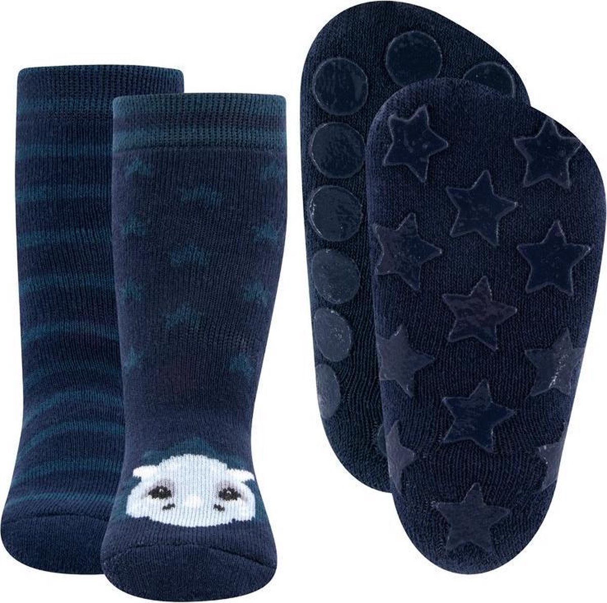 Dubbelpak Antislipsokken met Noppen - Blauw met Dinosaurus en Blauw met strepen - 18/19