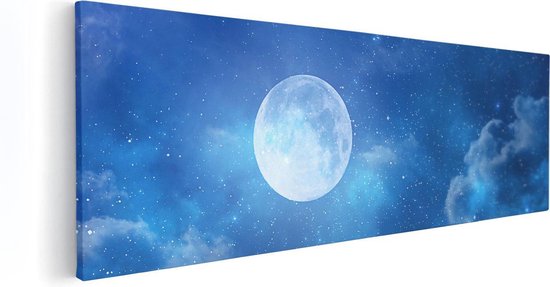 Artaza Canvas Schilderij Volle Maan in de Blauwe Hemel met Sterren - 60x20 - Foto Op Canvas - Canvas Print