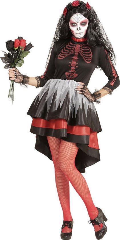 Widmann - Spaans & Mexicaans Kostuum - Perales Bruid Dia De Los Muertos - Vrouw - Rood, Zwart - Medium - Halloween - Verkleedkleding