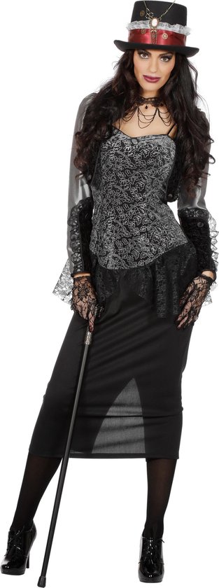 Wilbers & Wilbers - Steampunk Kostuum - Victoria Londen Luxe - Vrouw - grijs - Maat 36 - Halloween - Verkleedkleding