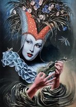 Denza - Diamond painting volwassenen hofnar met viool 40 x 50 cm volledige bedrukking ronde steentjes direct leverbaar - nar - joker - joke - hof nar - muziek - instrument - vrouw - bloemen - clown