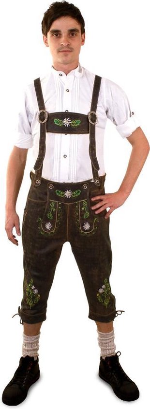 PartyXplosion - Boeren Tirol & Oktoberfest Kostuum - Lederhose Bruin Deluxe Driekwart Met Groene Borduursels Man - bruin - Maat 56 - Bierfeest - Verkleedkleding - Carnaval kostuum heren