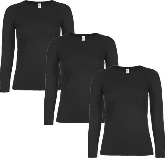 5x stuks basic longsleeve t-shirt - maat: XL - zwart - dames - katoen - 145 grams - basic zwarte lange mouwen shirts / kleding