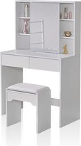 kaptafel set hoek make-up bureau met 2 laden, 1 glijspiegel, 6 planken en kruk-Kaptafel - Make up Tafel Voor Vrouwen